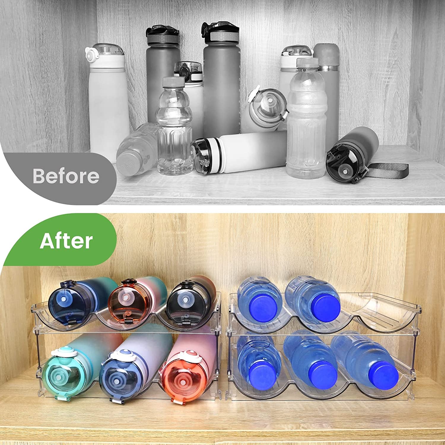 Ultimate Water Bottle Organizer Set - Stackable Storage Racks for Cabinets and Pantries - 2 Pack Clear Acrylic Holders