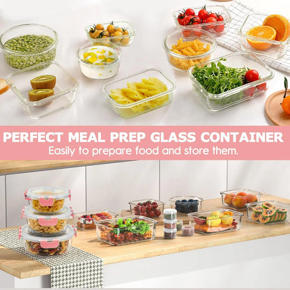 Elevate Your Kitchen with the 34-Piece Pink Glass Food Storage Container Set - Airtight & Versatile Meal Prep Solutions!