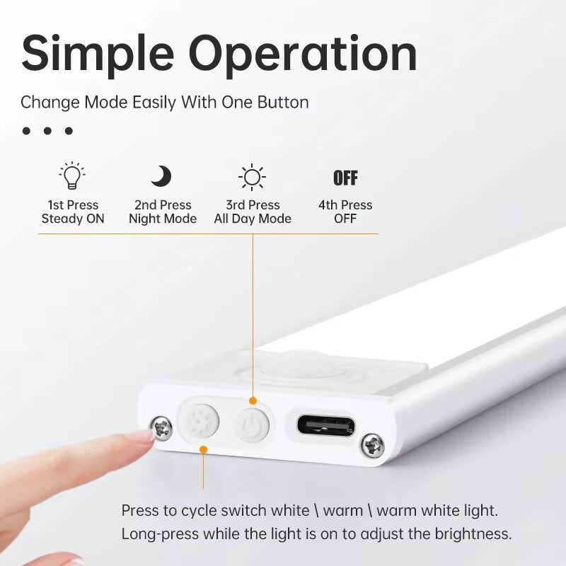 Wireless LED Motion Sensor Night Light - USB Rechargeable Under Cabinet Lighting for Kitchen, Bedroom, and Wardrobe