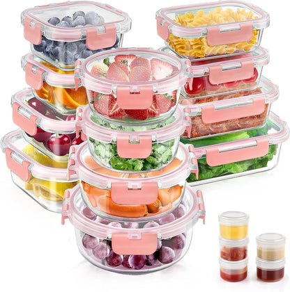 Elevate Your Kitchen with the 34-Piece Pink Glass Food Storage Container Set - Airtight & Versatile Meal Prep Solutions!