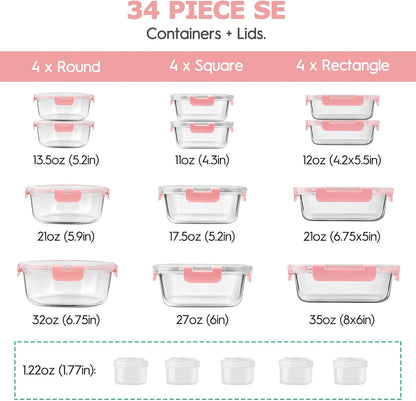 Elevate Your Kitchen with the 34-Piece Pink Glass Food Storage Container Set - Airtight & Versatile Meal Prep Solutions!
