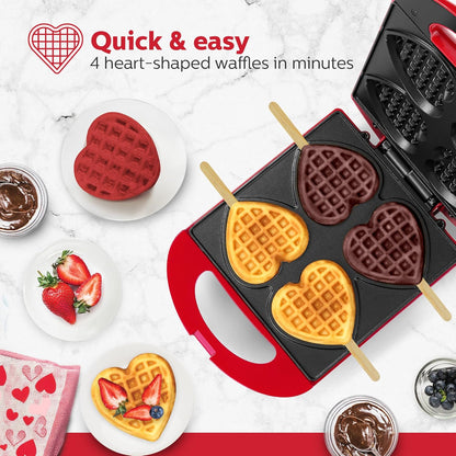 4-Section Heart Shaped Waffle Maker, Non-Stick Waffle Iron, Mini Waffle Maker for Kids, Non-Toxic Coating, Easy to Clean, Makes 4 Heart-Shaped Waffles in Minutes, Red